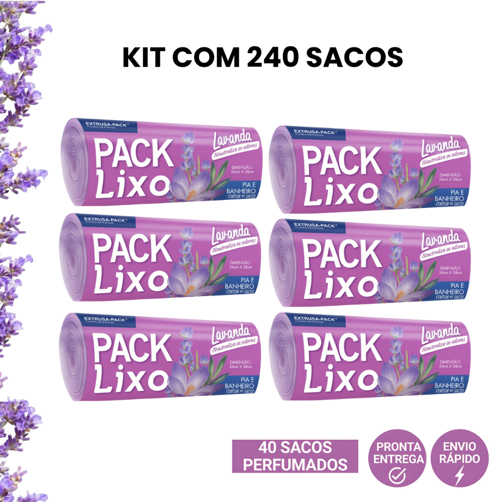Kit 6 Rolos Lavanda Pia 240 Sacos Perfumado Antiodor Lixeira Banheiro Cozinha Reciclável em Oferta na Shopee