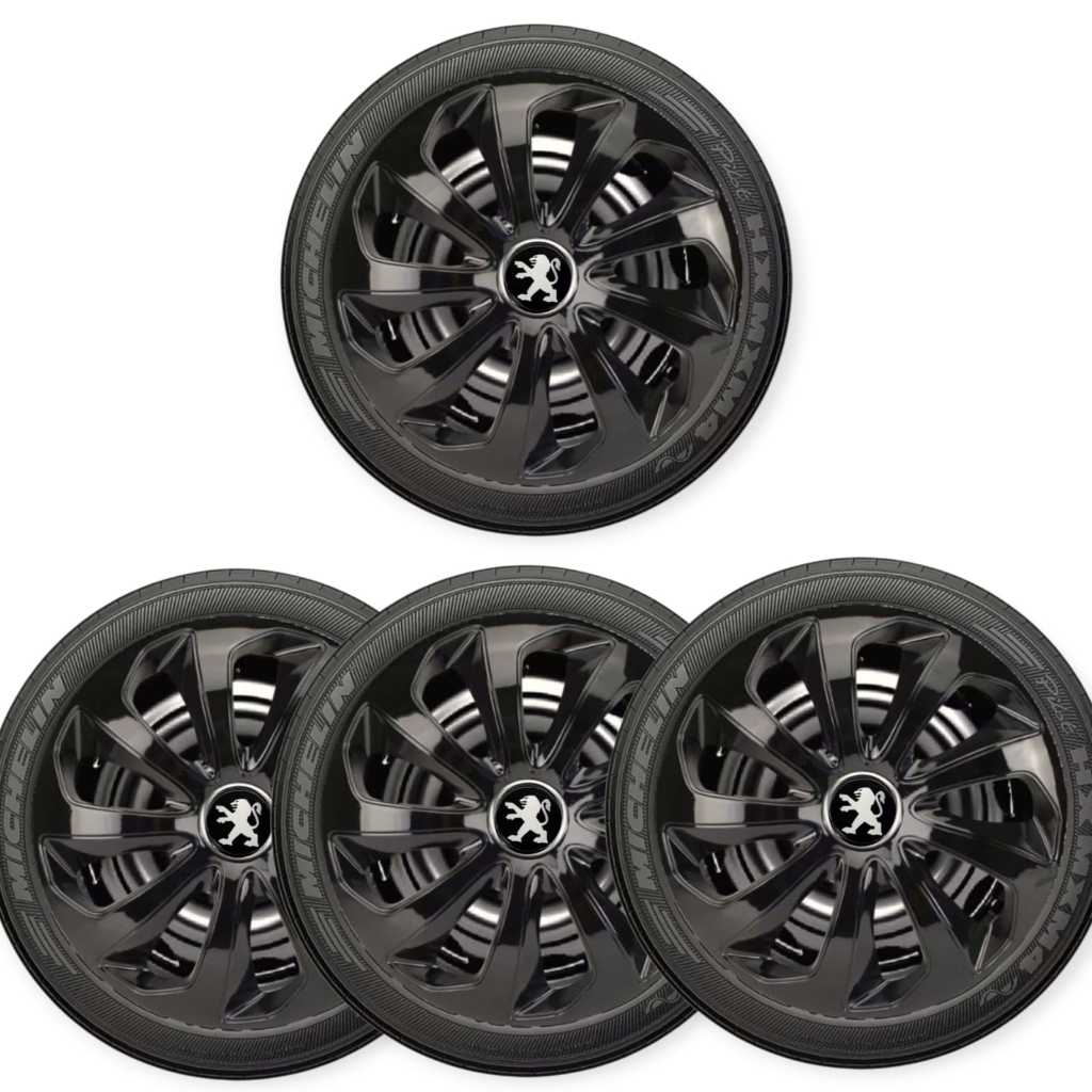 Jogo 4 Calotas Aro 14 Peugeot 206 207 Preto Emblema