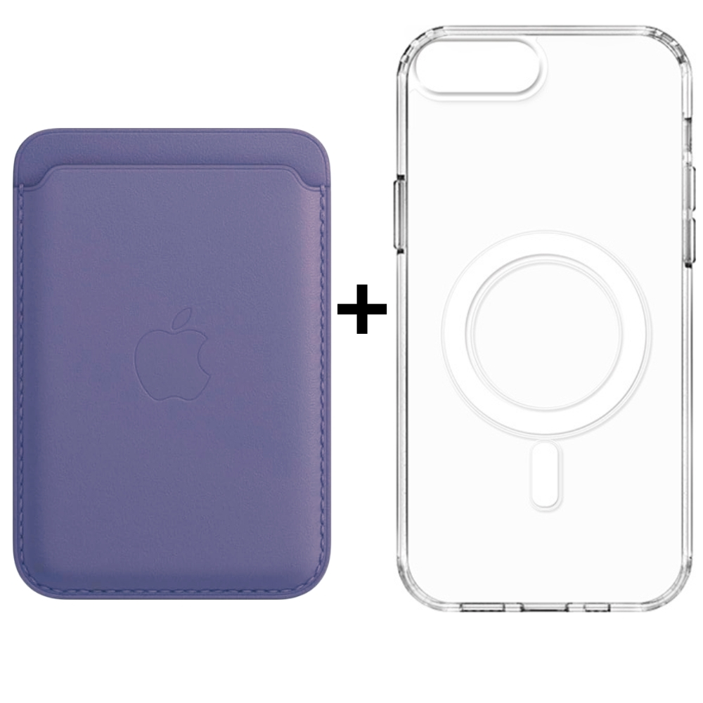 Kit Capinha Transparente Magsafe e Porta Cartão Lilás Para Iphone 7 Plus e Iphone 8 Plus Carteira Magnética de Couro