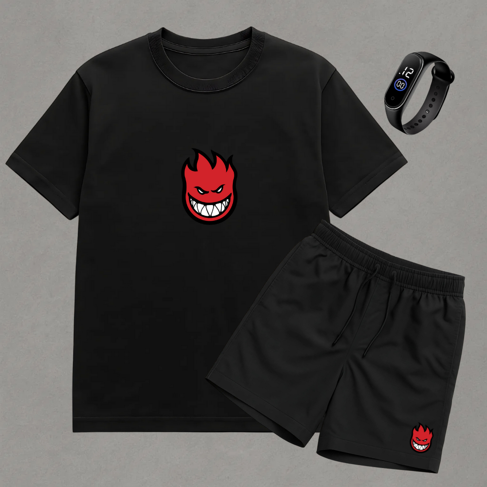 Conjunto Masculino Bermuda Tactel Estampa Verão + Camiseta Algodão Conforto FOGO + Relógio