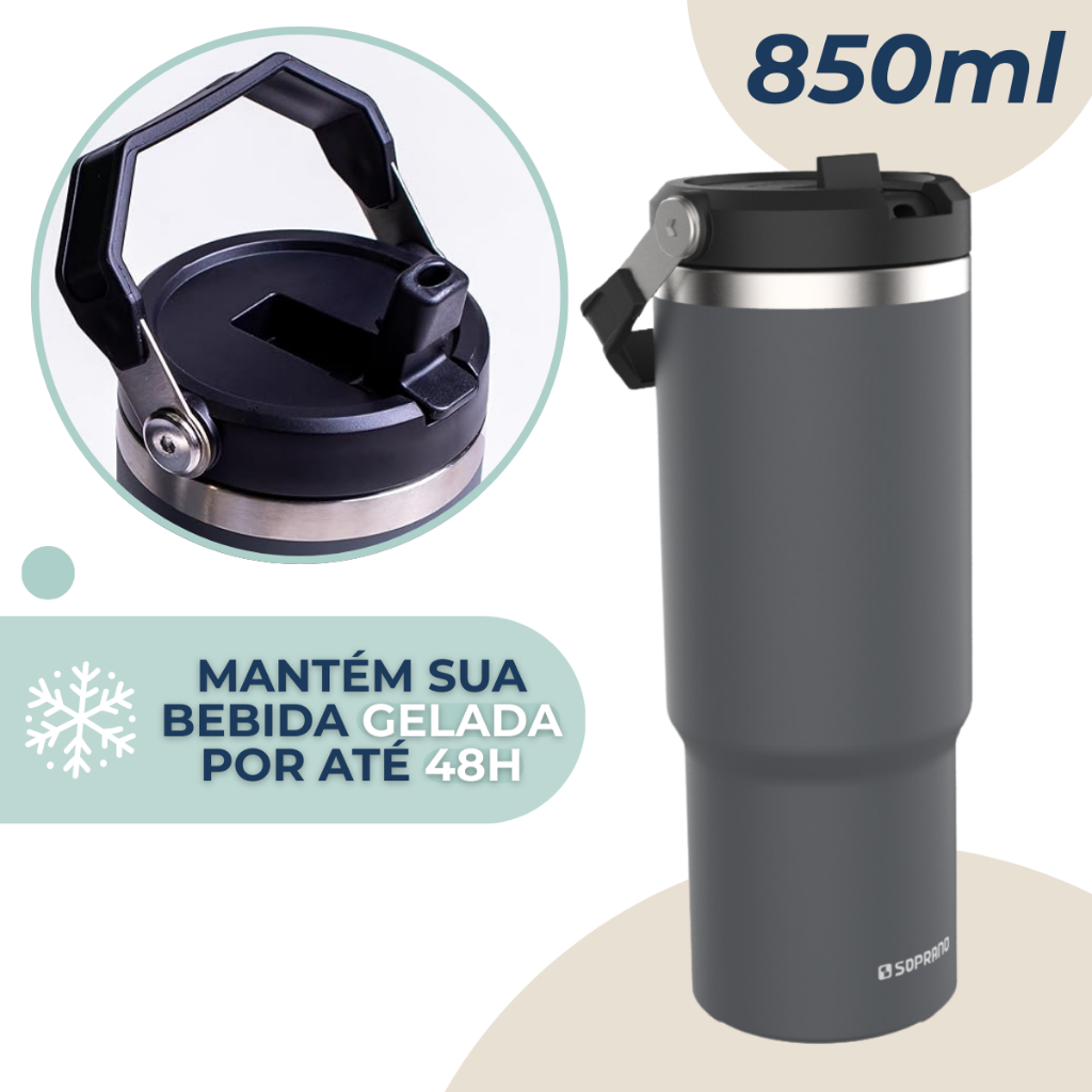 Copo Térmico Garrafa Flip Straw 850ml Jug Everest Cinza Soprano