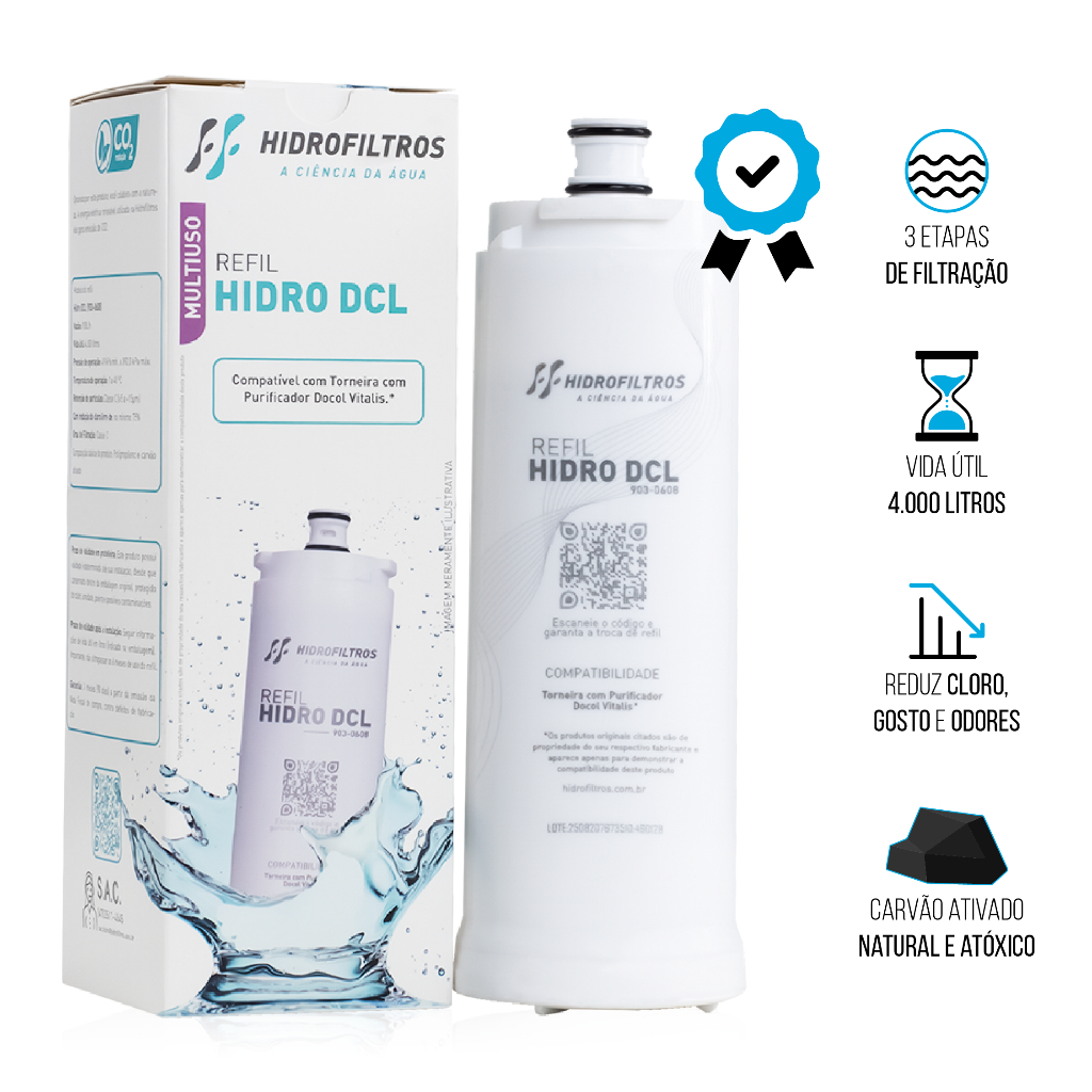 1 ou 2 Unidades Refil Filtro Hidro DCL Docol Vitalis 1136 Branco Purificador Docol Bica Mesa