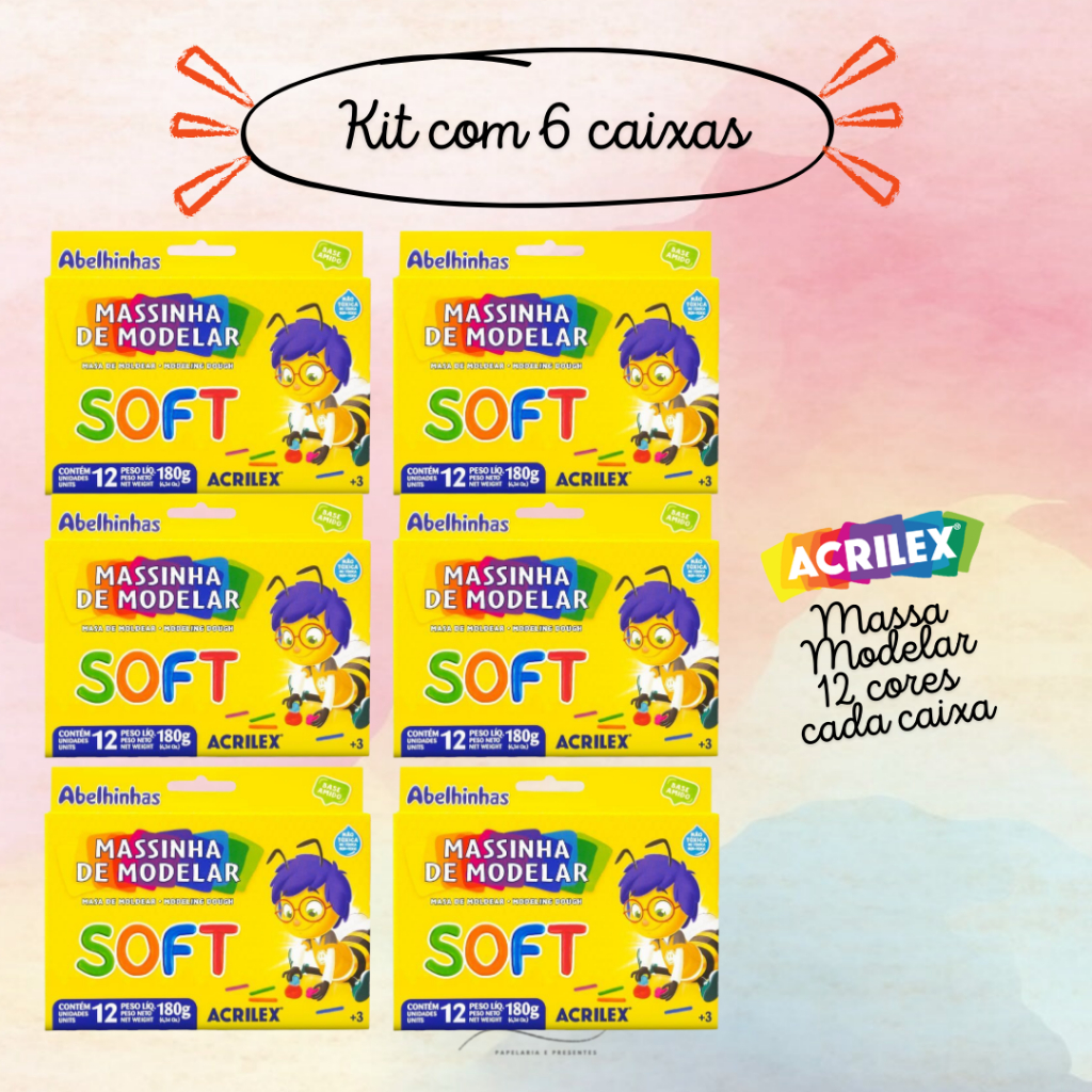 Kit com 6, 3 ou Unitário Massinha De Modelar Massa Escolar 12 Cores - Acrilex