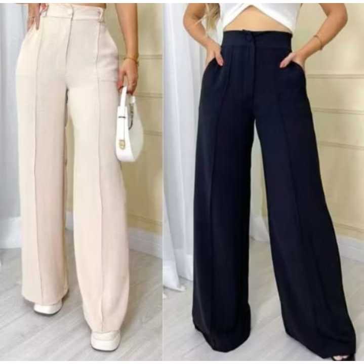 Kit C/2 Calças Duna  Pantalona Feminina com Forro wide leg com Botão em Oferta na Shopee