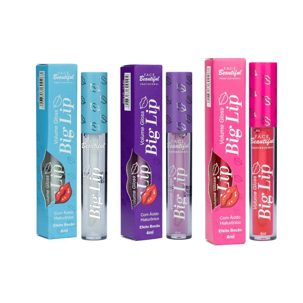 Kit 03 Volume Gloss Labial Bocão Face Beautiful 4ml em Oferta na Shopee