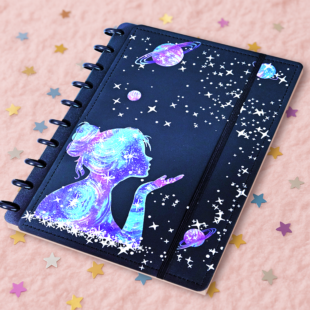 Caderno Discos Inteligentes B5 Médio 1 Matéria Capa Dura Personalizado Luxo Planner Diário Moderno Menina Fofo Galáxia