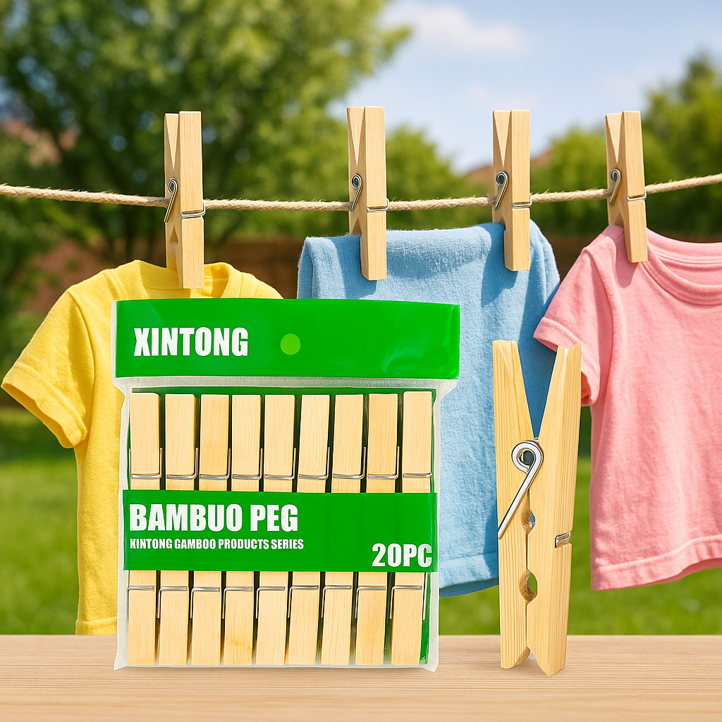 Kit 100 Pregadores Prendedor de Roupa de Bambu 6cm Mola Metálica Sustentável Resistentes Varal