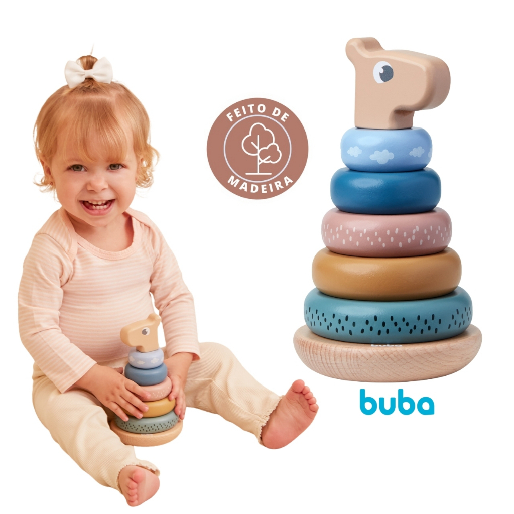 Brinquedo Educativo Torre de Empilhar de Madeira Buba Coordenação Motora Brinquedo de Encaixar