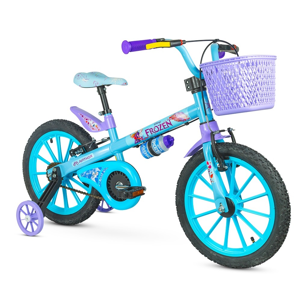 Bicicleta Infantil Disney Frozen Aro 16" Nathor Azul e Violeta com Cestinha e Garrafinha