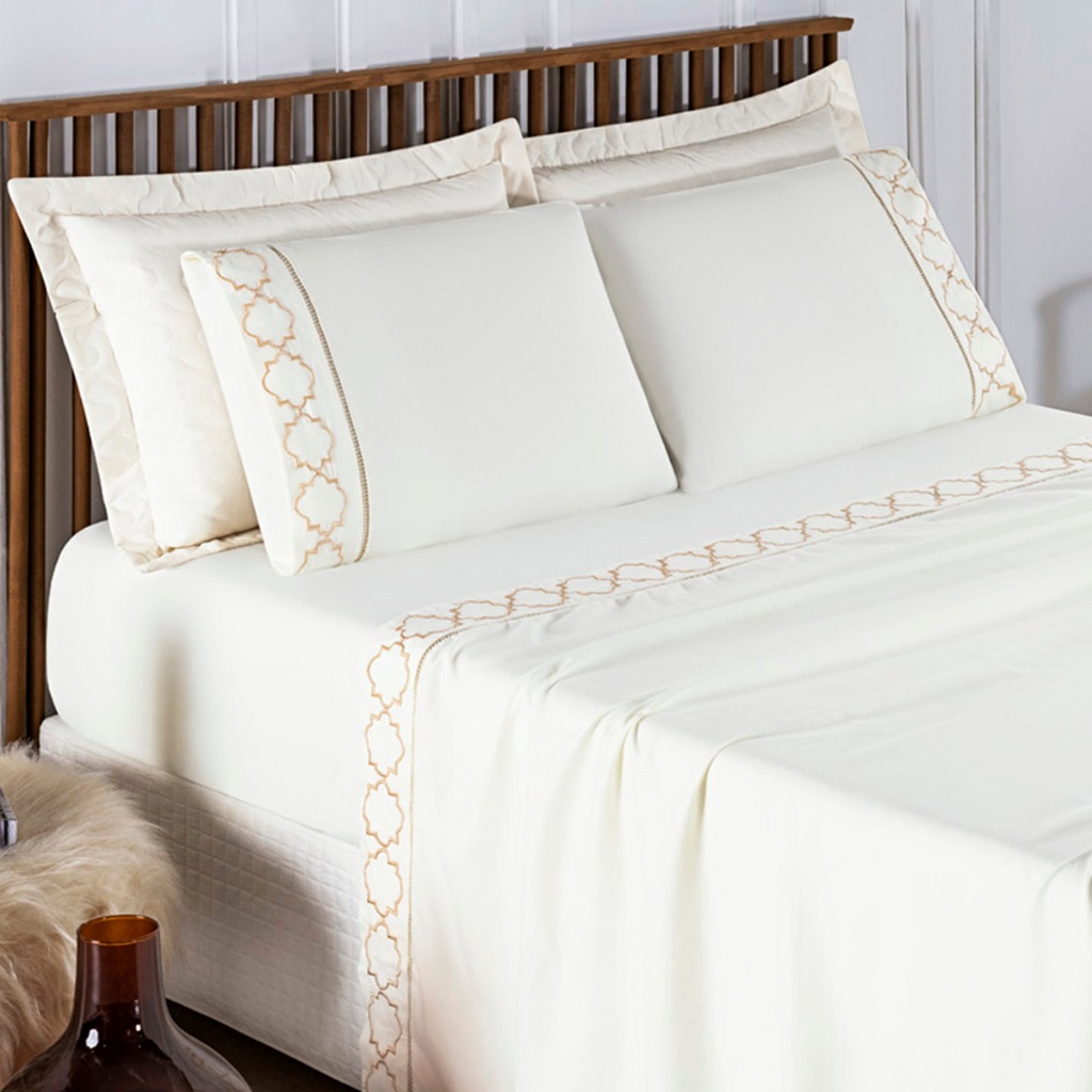 Jogo de Lençol Casal Queen King 400 Fios Ponto Palito Bordado 4 Peças Infinity em Oferta na Shopee