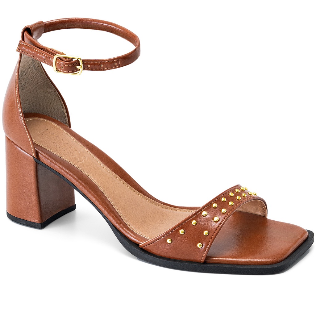 Sandália Feminina Lumiss Salto Baixo Bloco Tachas Dourada Bico Quadrado