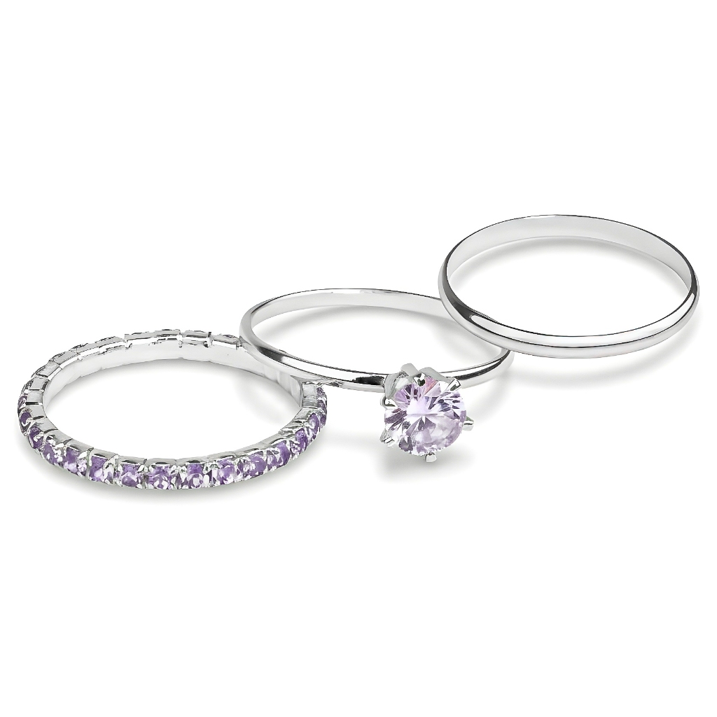 Kit com Três Anéis Aliança Unissex + Aparador + Anel Solitário na Cor Roxo Lilás Banhado a Prata em Oferta na Shopee