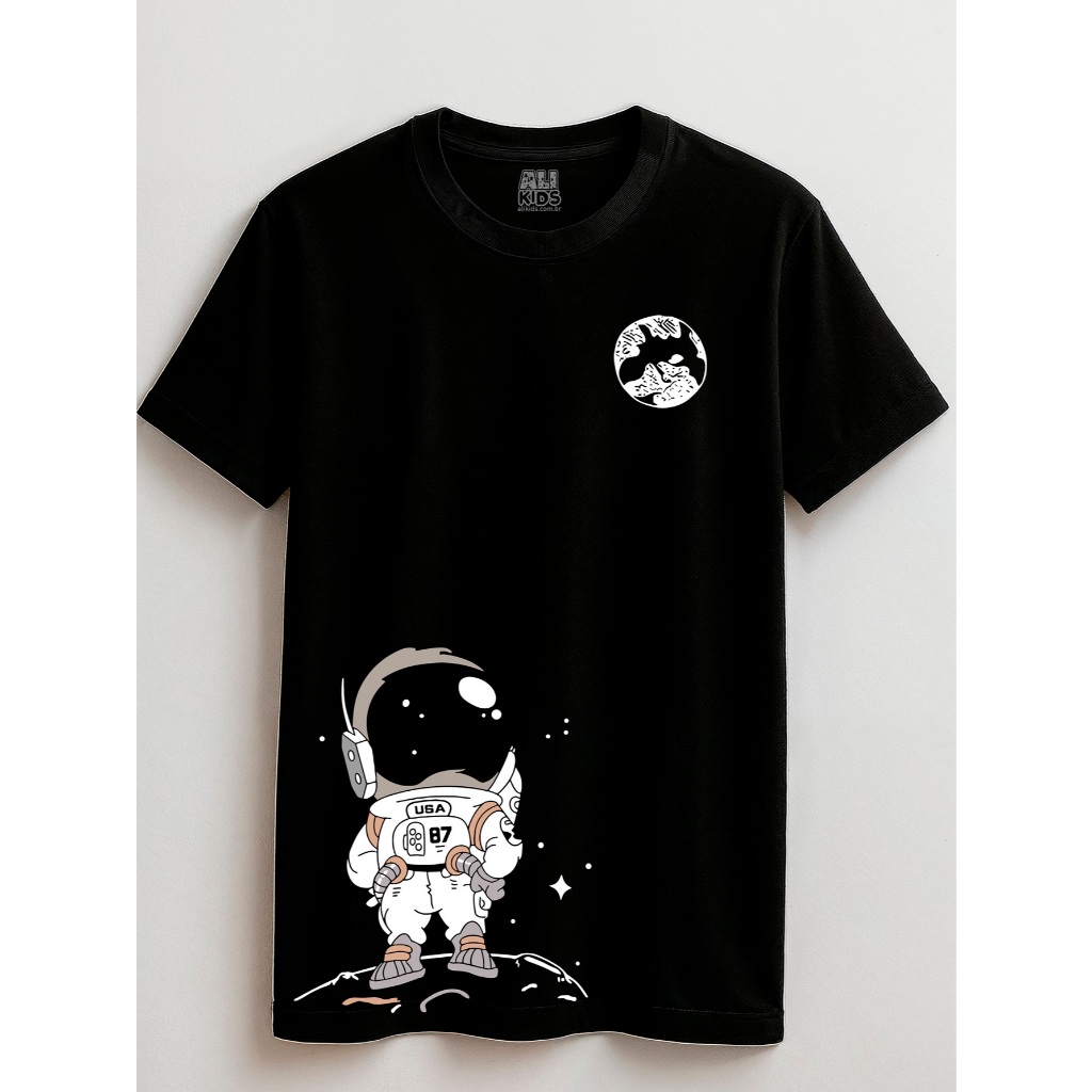 Camisa Unissex 2 ao 16 anos Astro na Lua Juvenil e Infantil 100% Algodão