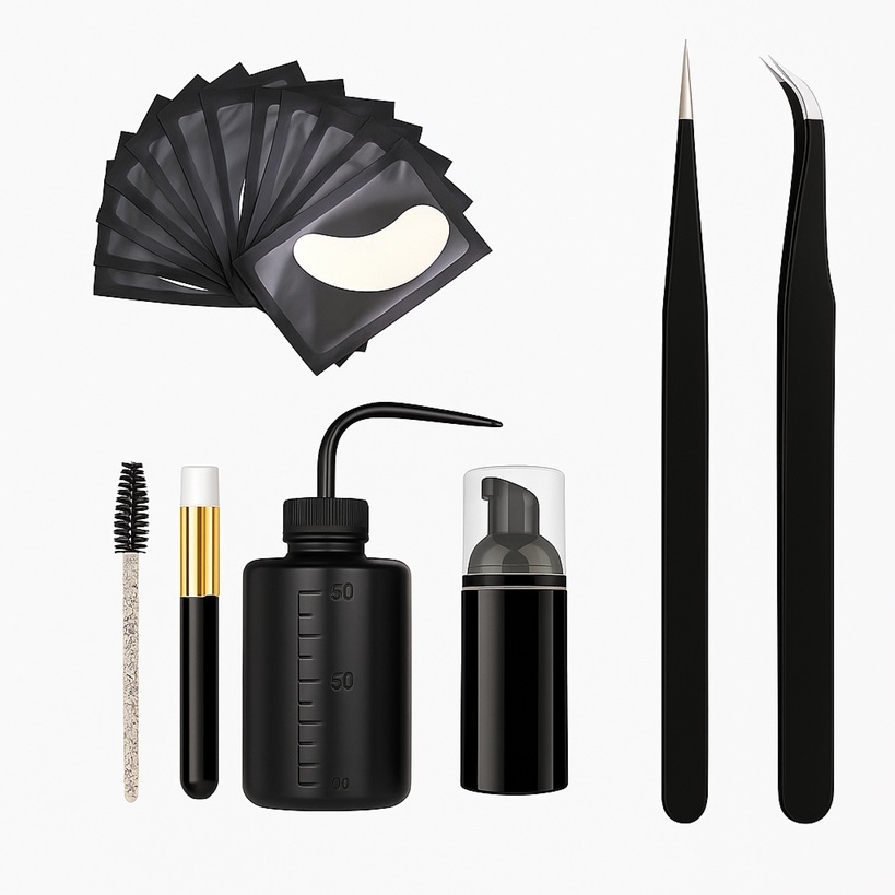Kit Limpeza e Extensão de Cílios Preto Higienização Pump Pisseta Pincel Pinças Escovinhas