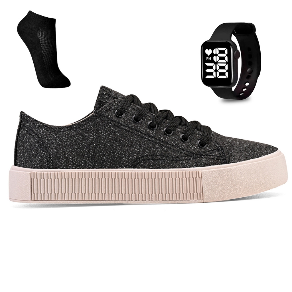 Kit Tênis Casual Feminino Conforto Estilo e Qualidade Tênis + Relógio + Meia