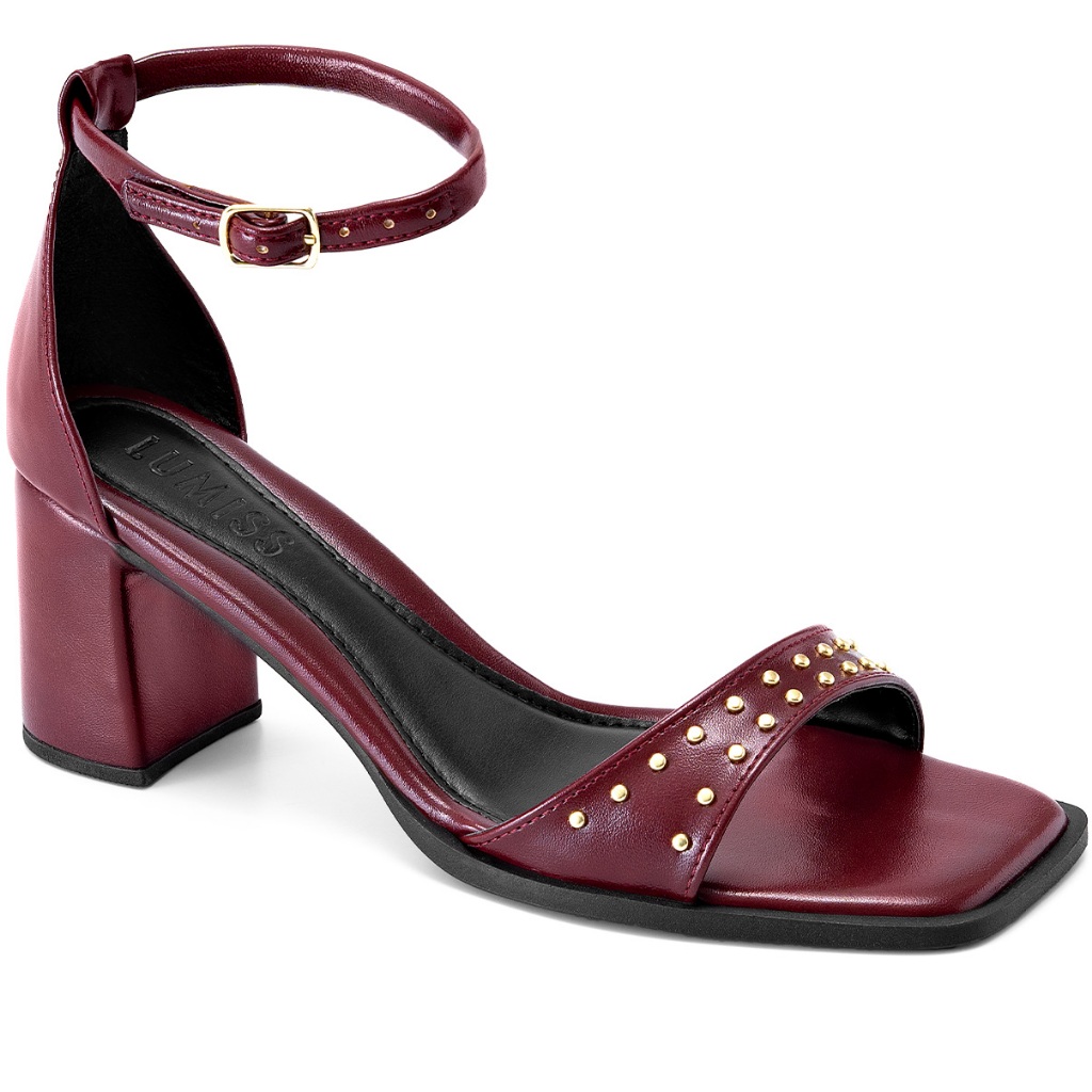 Sandália Feminina Lumiss Salto Baixo Bloco Tachas Bico Quadrado Fivela Marsala em Oferta na Shopee