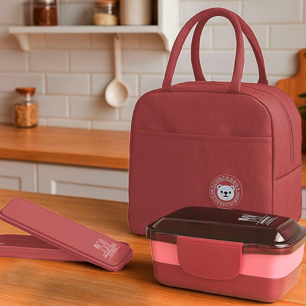 Bolsa Térmica Lancheira Necessaire Lanches Bebidas + Porta Talheres Portátil + Marmita 950ml 2 compartimentos rosa em Oferta na Shopee