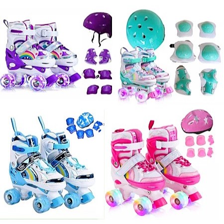 Patins Infantil 4 Rodas Com LUZ De LED Arco Íris Ajustável Dinossauro+Kit Proteção E Sem Kit Proteção