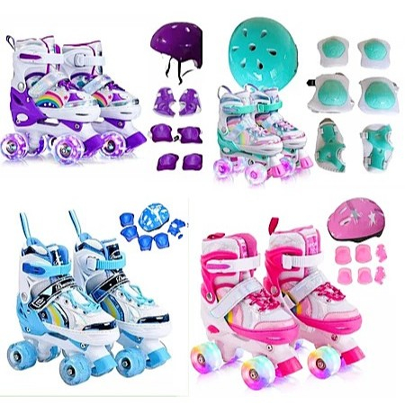 Patins Infantil 4 Rodas Com Luz De LED Arco Íris Ajustável Dinossauro+Kit Proteção e Sem Kit Proteção
