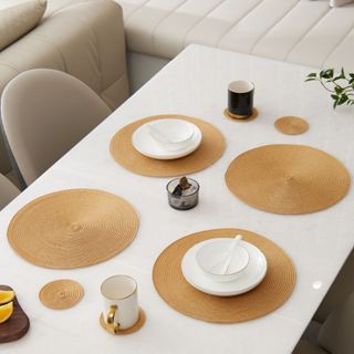 Jogo americano trançada redonda com porta copos para mesas de jantar, tecido lavável, antiderrapante - DT7005 em Oferta na Shopee