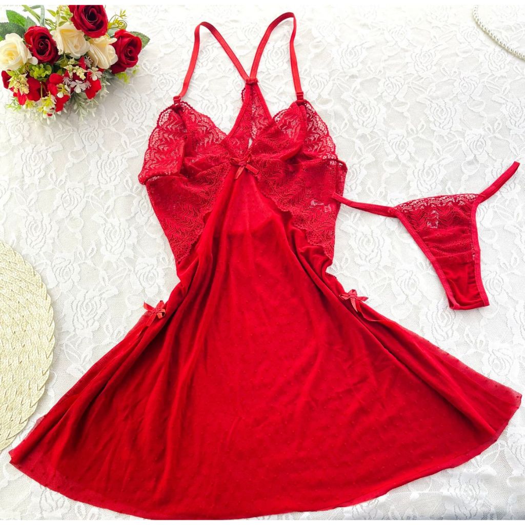Camisola Sensual com Detalhes em Renda Sensual Sem Bojo Lingerie Pijama de Dormir Sexy com Calcinha de Renda