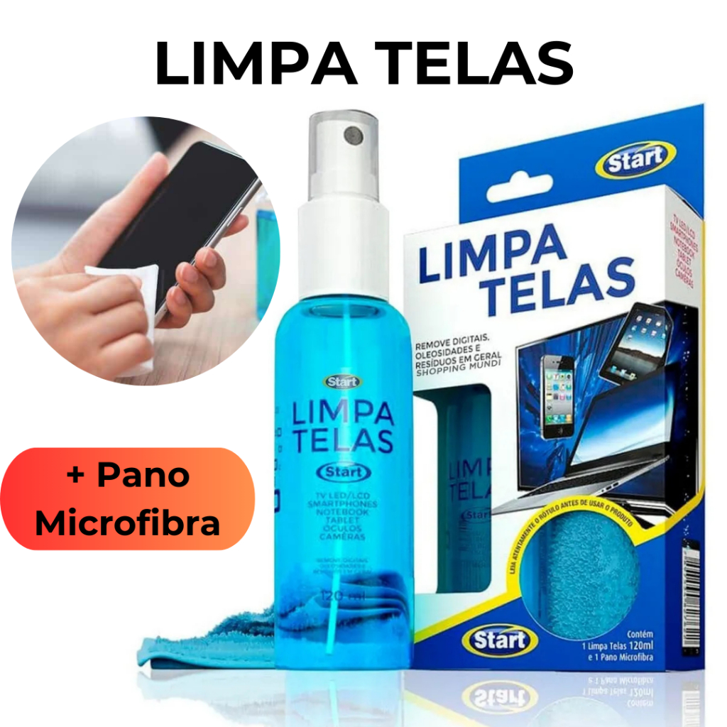 Kit Limpa Telas 120ml com Pano Microfibra Ideal Celular TV Notebook Remove Sujeira Sem Danificar em Oferta na Shopee