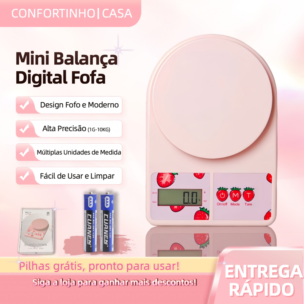 Balança Digital de Cozinha Rosa 10kg – Portátil, Precisa e Fácil de Usar