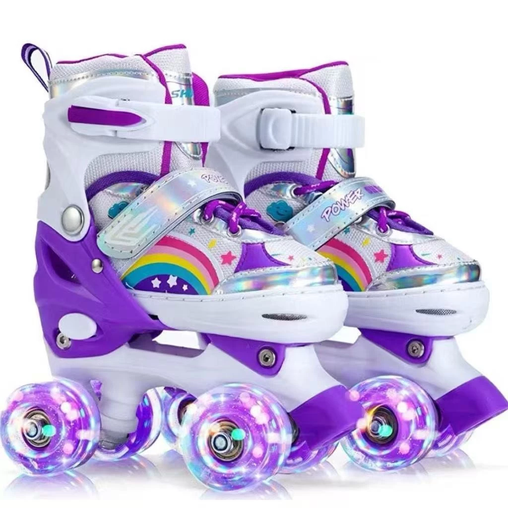 Patins Infantil 4 Rodas Com LUZ De LED Arco Íris Ajustável Dinossauro+Kit Proteção E Sem Kit Proteção