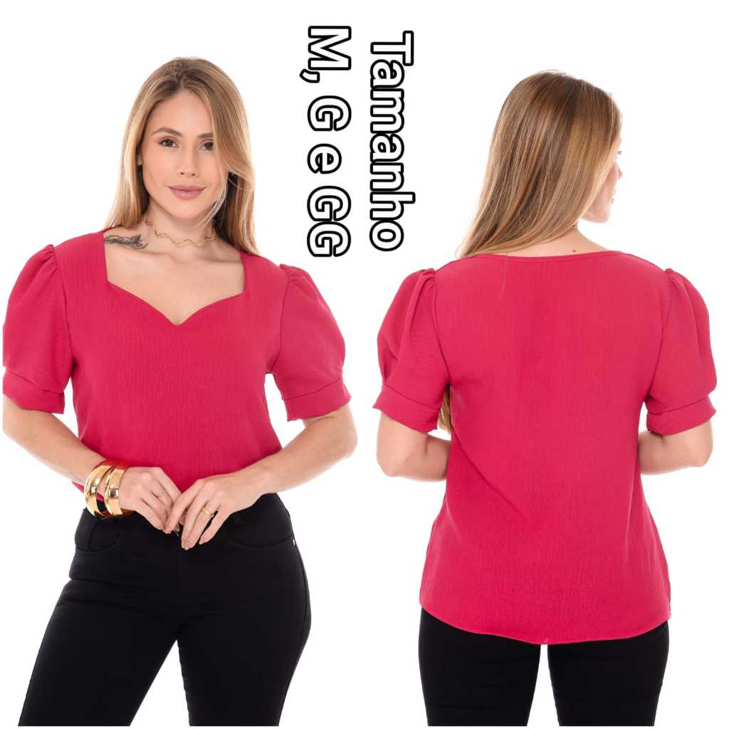 Blusa Feminina Manga Bufante Decote Coração Elegante Premium em Oferta na Shopee
