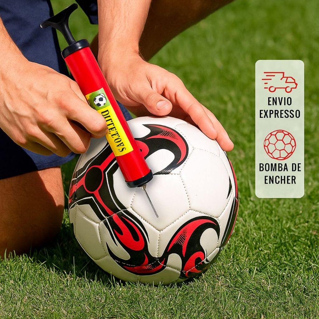 Kit Bola de Futebol + Bomba de Ar Manual Portátil Para Encher Bola Tamanho Oficial Couro Sintético