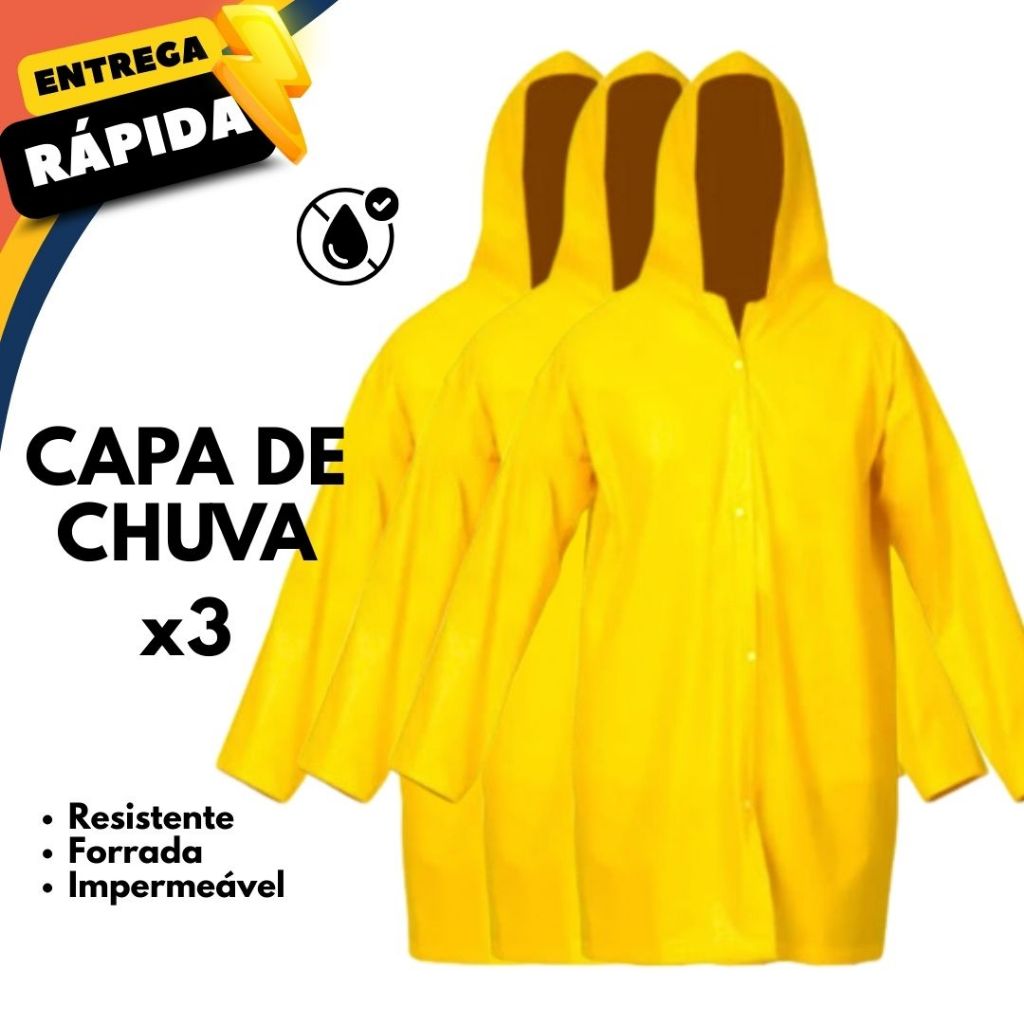 KIT 3 Capa de Chuva Tamanho para Shows Trabalho Lazer Escola Fantasia Halloween PVC Impermeável Amarela Proteção