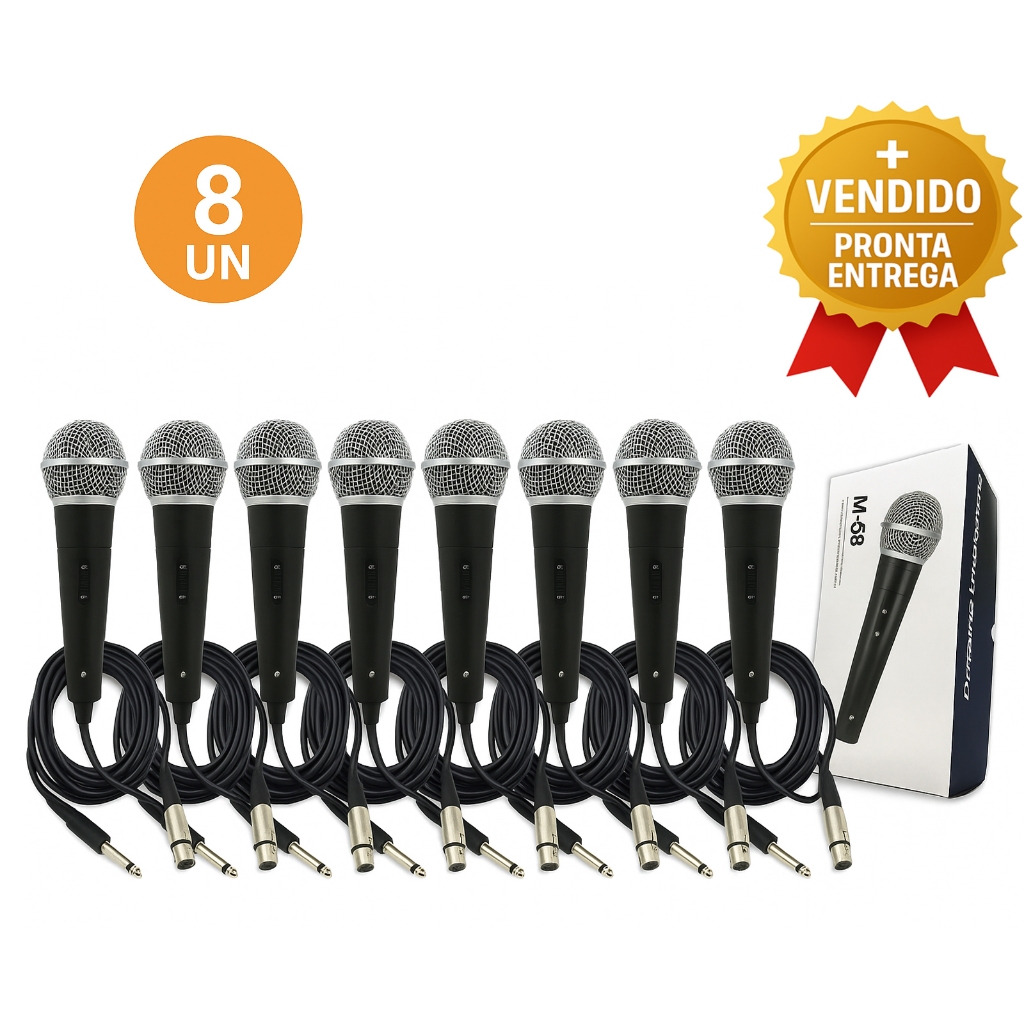 Kit 8 Microfone Dinâmico Com Fio Profissional Cabo 5 Metros XLR P10 Karaokê Igreja Estúdio e Eventos