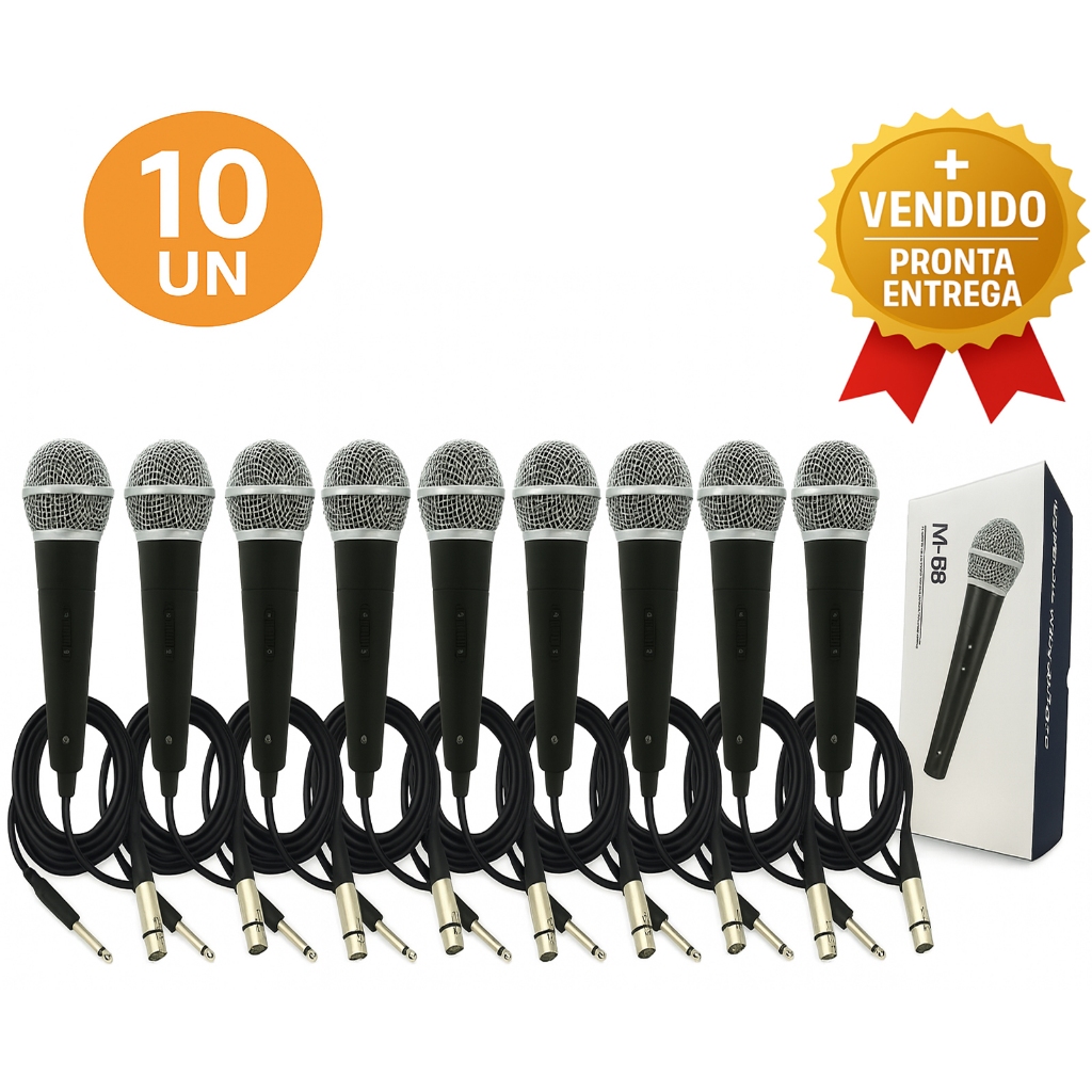 Kit 10 Microfone Dinâmico C/ Fio Profissional Cabo 5 Metros XLR P10 Karaokê Igreja Estúdio e Eventos