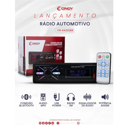 Rádio MP3 Aparelho de Som Cinoy 4x45w 2 USB Bluetooth Com Controle YN-RAD2369