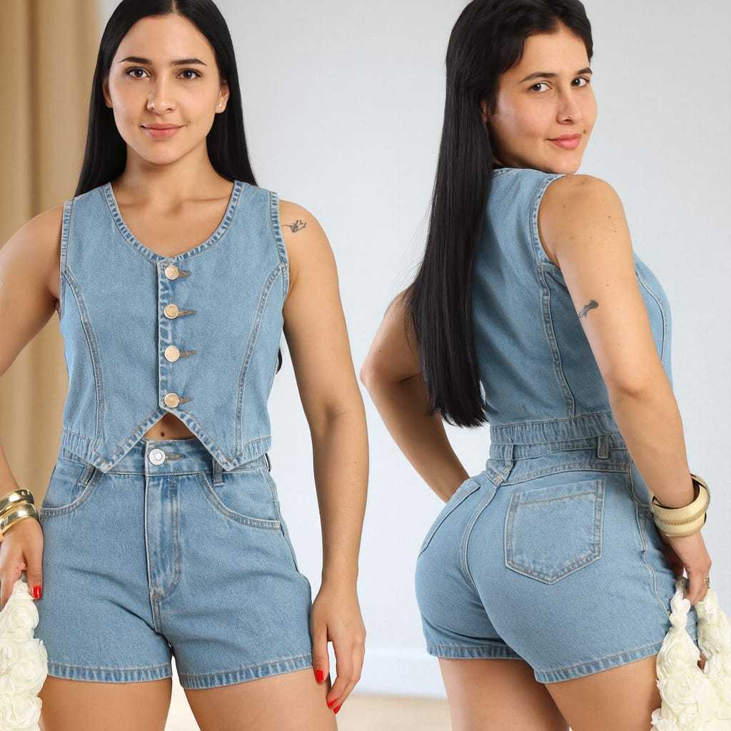 Conjunto Jeans Cropped Feminino Croped e Short