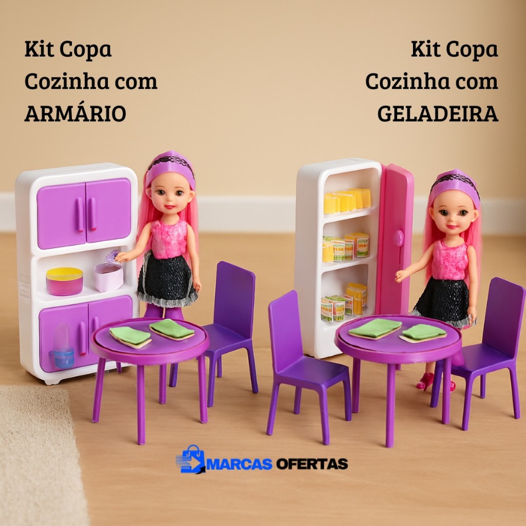 Kit Cozinha Infantil Completo com Boneca Rosa! Modelo Armário ou Geladeira Brinquedo Menina Casinha