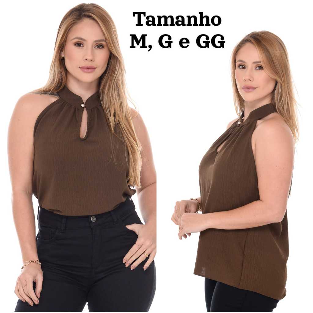Blusa Feminina Regata Elegante Gola Alta com Detalhe em Pérola Botão em Oferta na Shopee