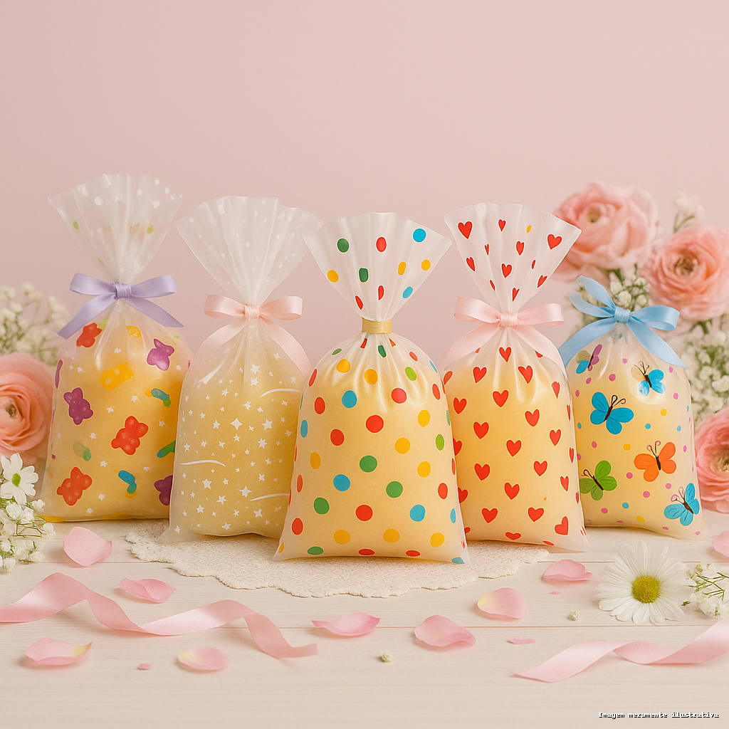 Saco para lembrancinha transparente decorado 50 Unidades em Oferta na Shopee