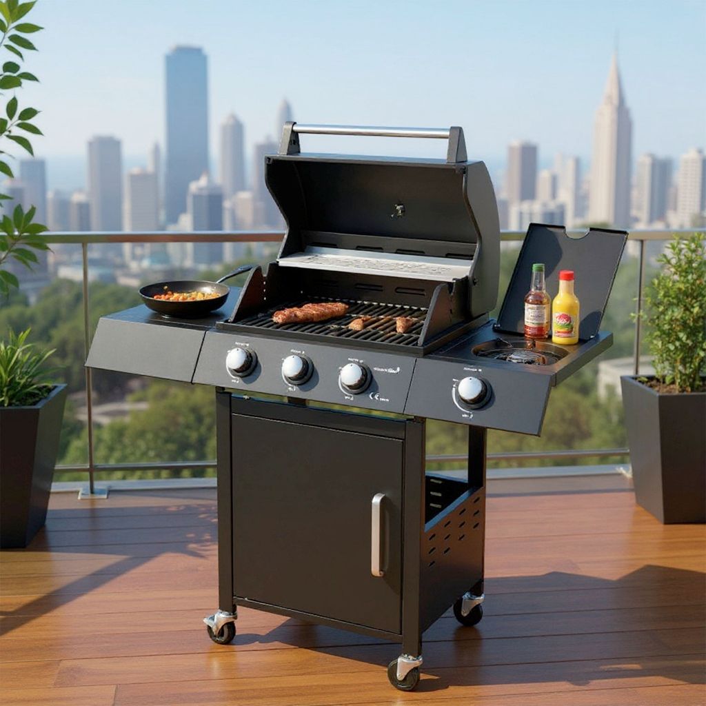 Imagem Churrasqueira A Gas 3 Queimadores Americana Portatil Com Bafo e Termometro para Jardim e Apartamento