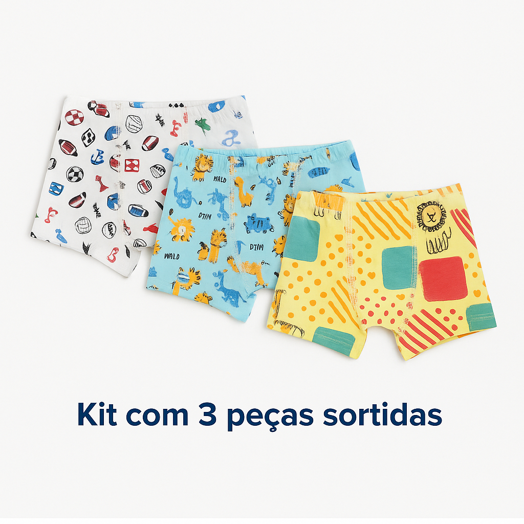 Kit 3 Cuecas Boxer Infantil Algodão 85% — Conforto & Estampas Sortidas (PP-GG)
