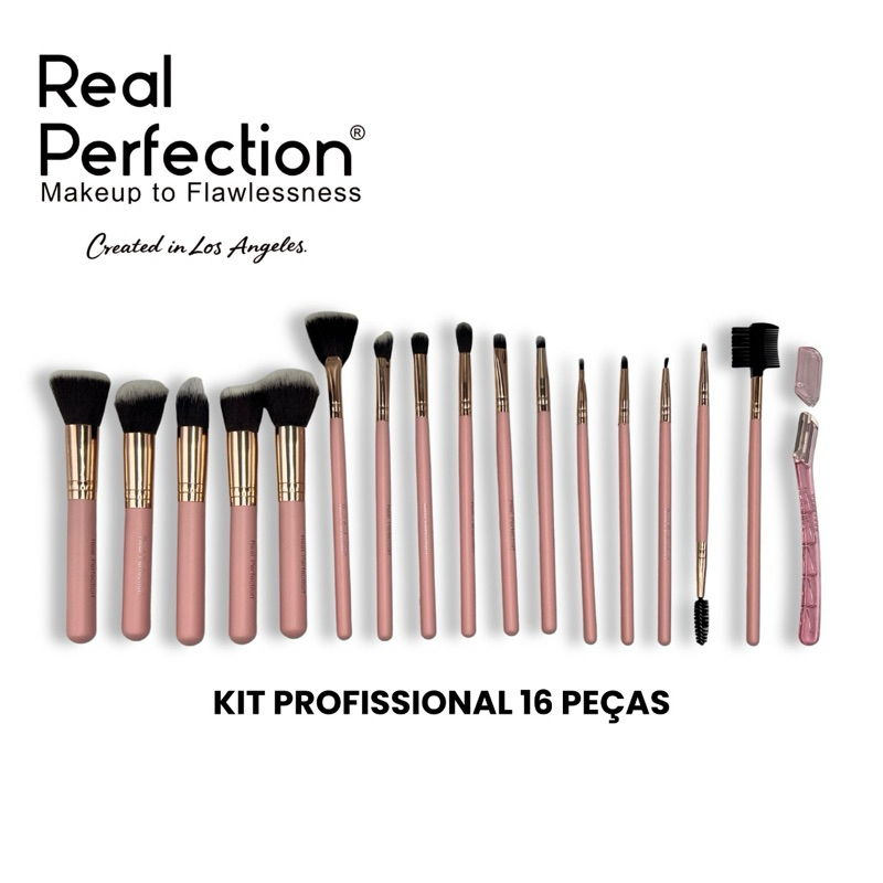 Kit Pincéis de Maquiagem 16 Peças Rosa Real Perfection – Completo Profissional