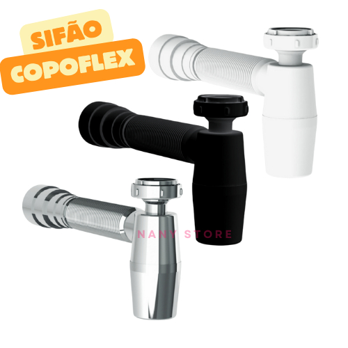 Sifão Sanfonado Copoflex Para Lavatório e Pia Branco Preto Cromado