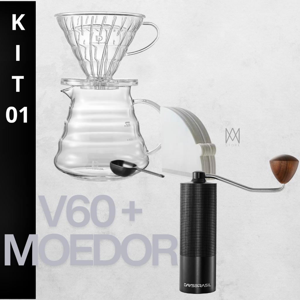Kit Cafeteira Manual V60 + Moedor de Café Manual | Jarra de Vidro 360ml | Café Coado Gourmet em Casa