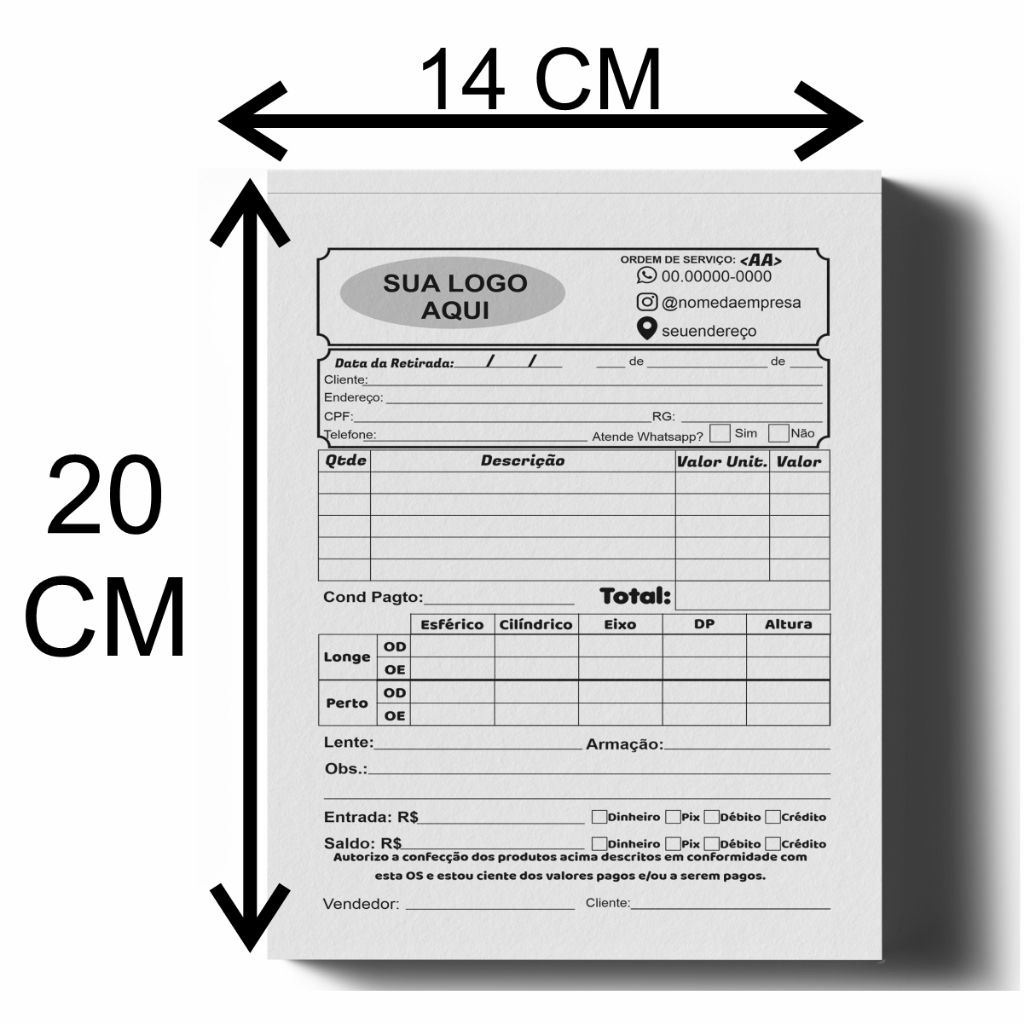 Kit com 20 Blocos de Ordem de Serviço Personalizado para Ótica Óculos e Lentes 14x20cm