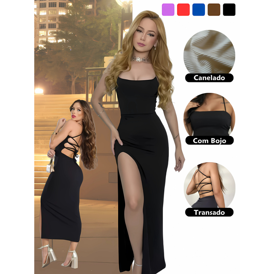 Vestido LONGO elegante com costas nuas trançadas Fenda Lateral Empina Bumbum Colado Novo