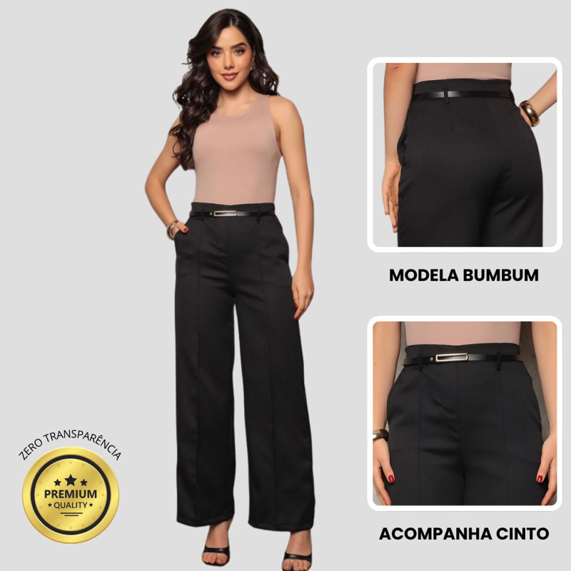 CALÇA ALFAIATARIA CINTURA ALTA PANTALONA COM TECIDO PREMIUM SOCIAL FEMININA BOLSO ELEGANTE PROMOÇÃO COM CINTO LUXO