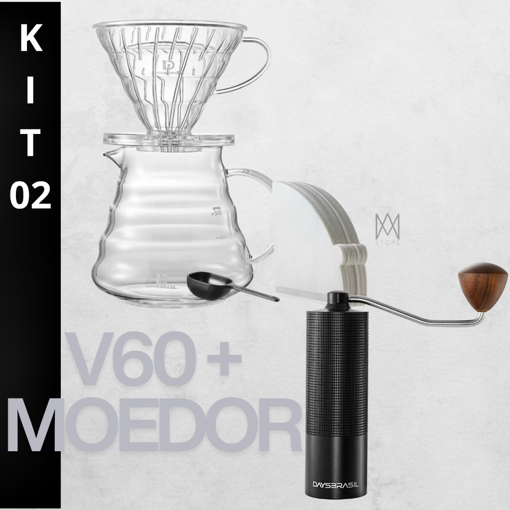 Kit Cafeteira Manual V60 Tamanho 02 + Moedor de Café + Jarra de Vidro 500ml | Café Coado Especial