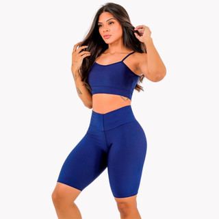 Conjunto Fitness Short Ciclista Cintura Alta + Top Alcinha Sem Bojo Academia Corrida Casual Minay