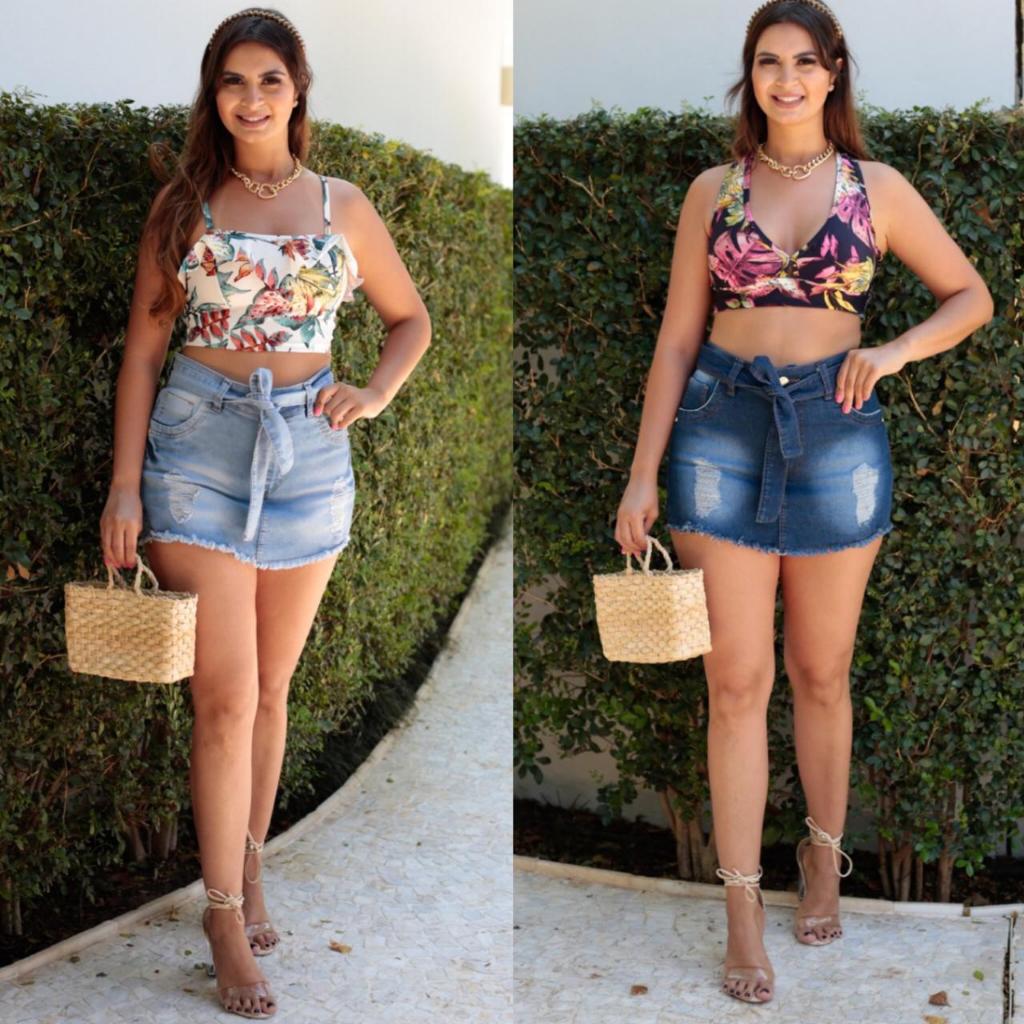 Short Saia Jeans Feminino Cós Alto com Amarração Destroyed Barra Desfiada