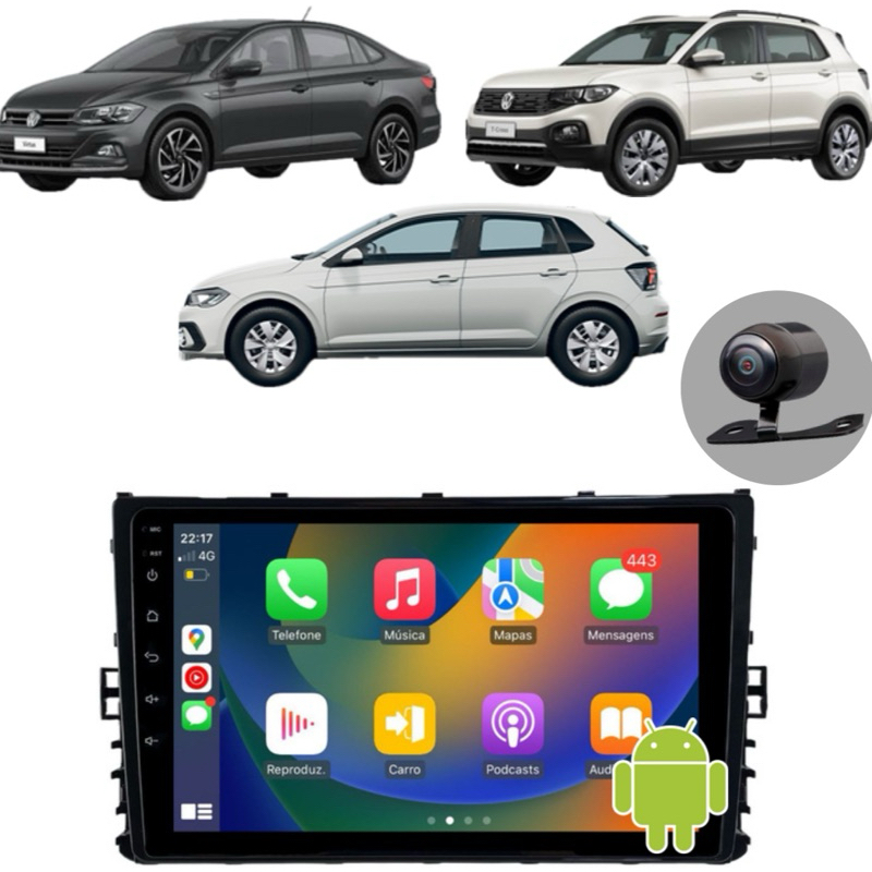 Central Multimidia 9Pol Novo Polo T-Cross Virtus Android Auto CarPlay + Moldura + Camera de re